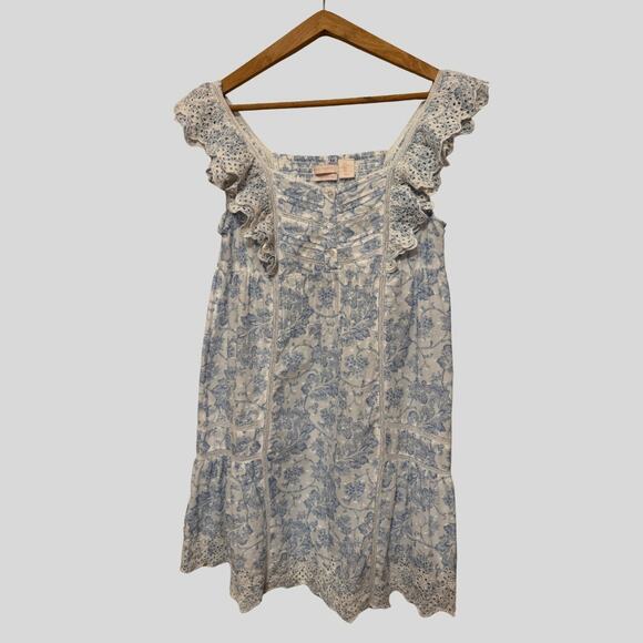 Rachel Ashwell Blue Toile Eyelet Cotton Nightgown Small Sleeveless Ruffle Trim - Picture 1 of 8